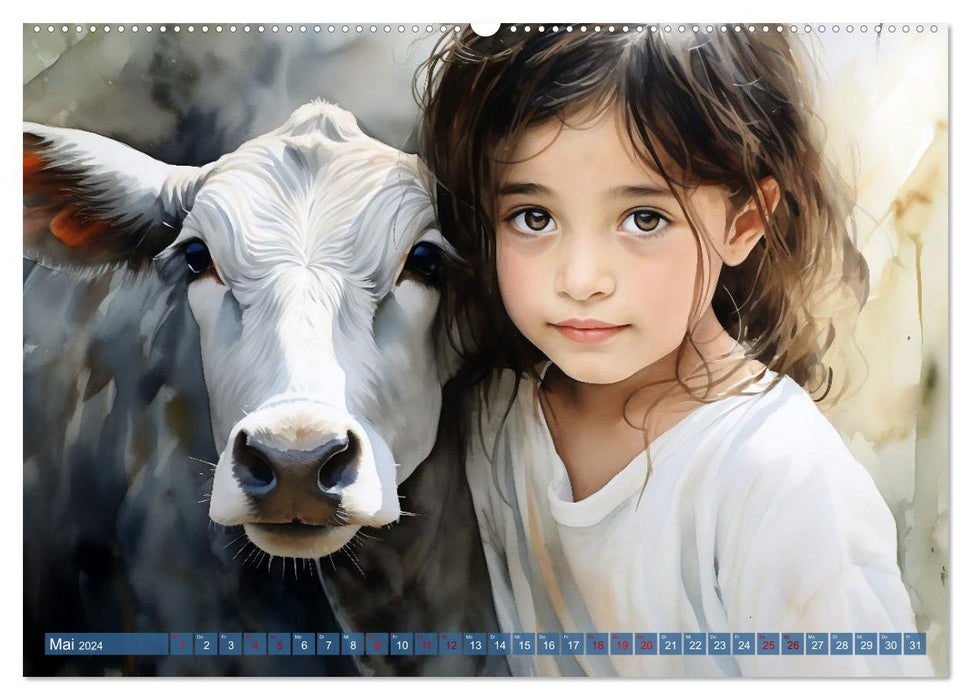 Kinder und Tiere (CALVENDO Premium Wandkalender 2024)