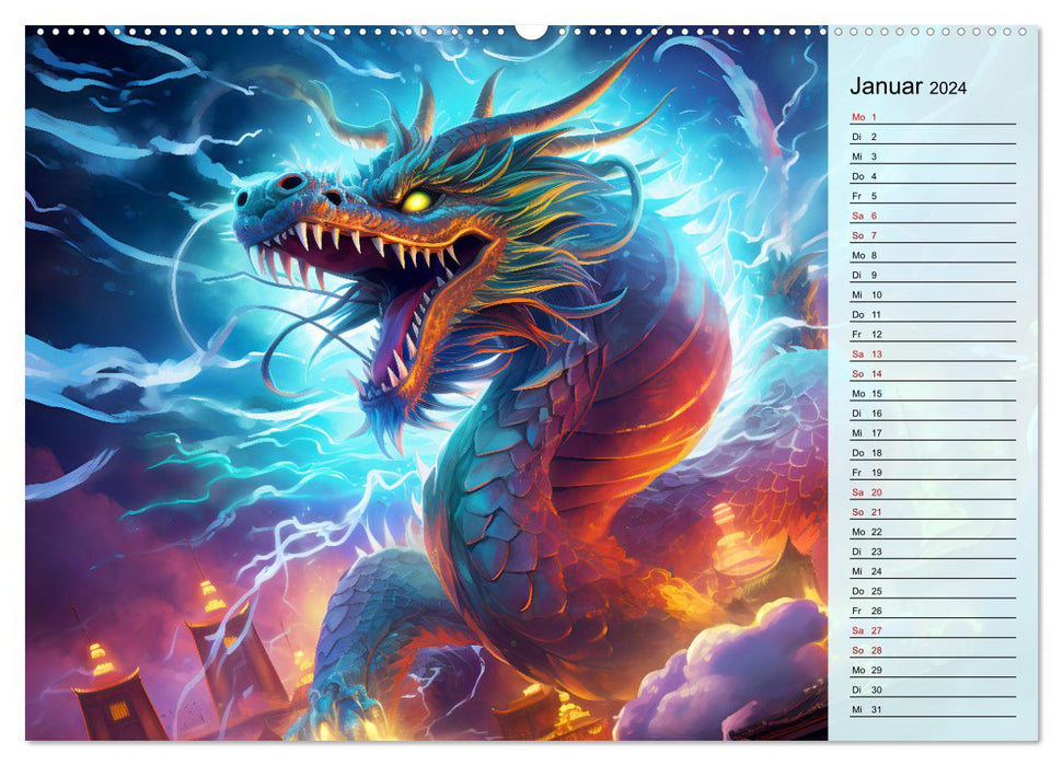 Drachen-Jahr - Kalenderplaner im Stile des chinesischen Tierkreiszeichens (CALVENDO Premium Wandkalender 2024)
