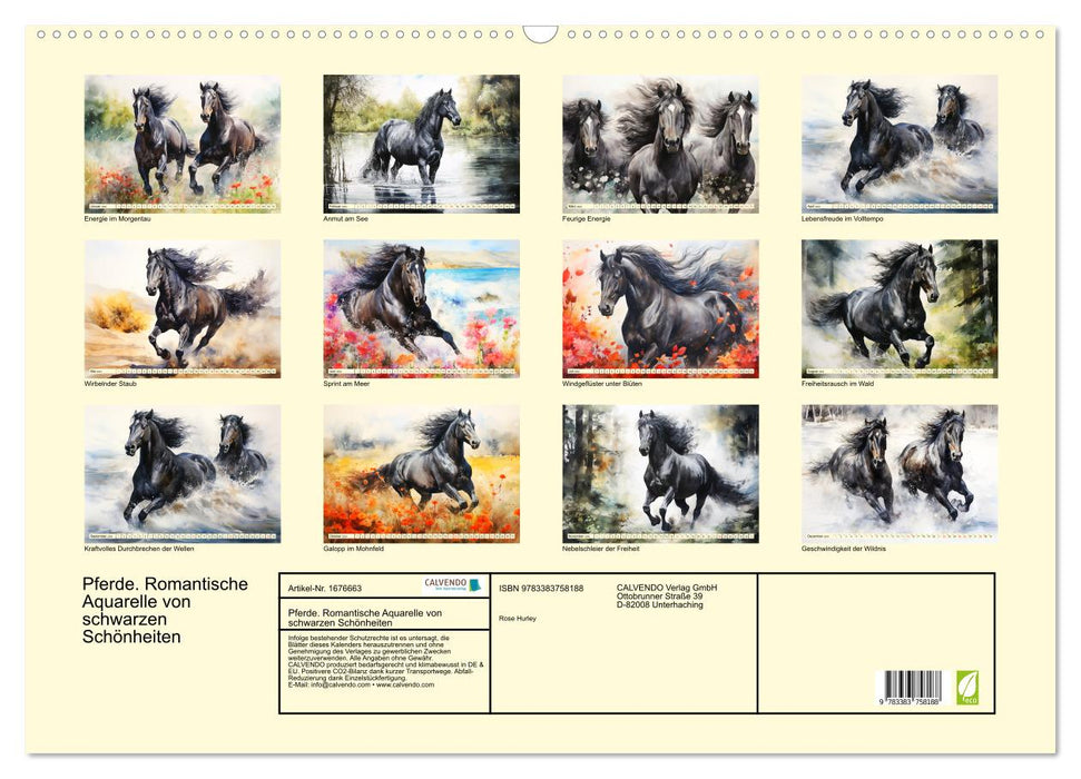 Pferde. Romantische Aquarelle von schwarzen Schönheiten (CALVENDO Wandkalender 2024)