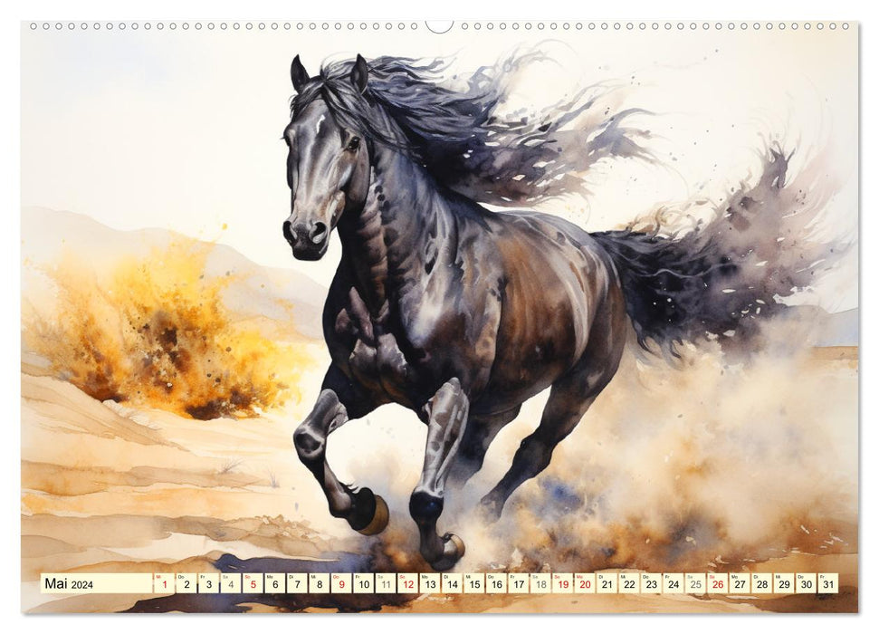 Pferde. Romantische Aquarelle von schwarzen Schönheiten (CALVENDO Wandkalender 2024)