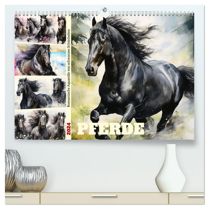 Pferde. Romantische Aquarelle von schwarzen Schönheiten (CALVENDO Premium Wandkalender 2024)
