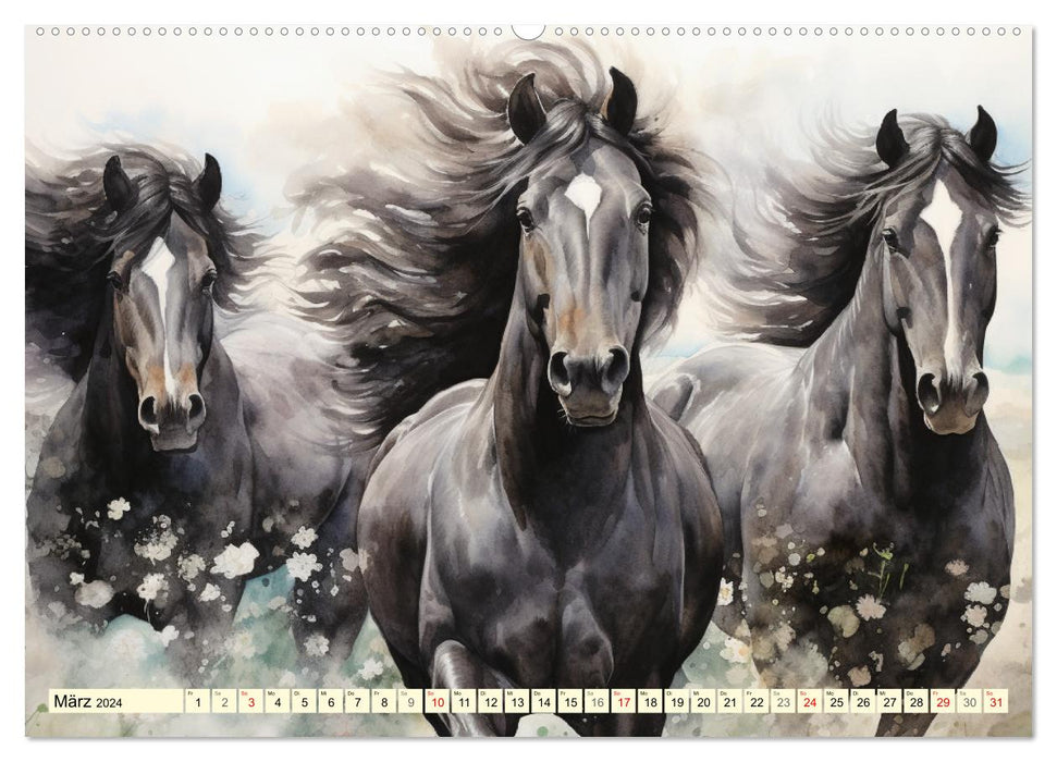 Pferde. Romantische Aquarelle von schwarzen Schönheiten (CALVENDO Premium Wandkalender 2024)