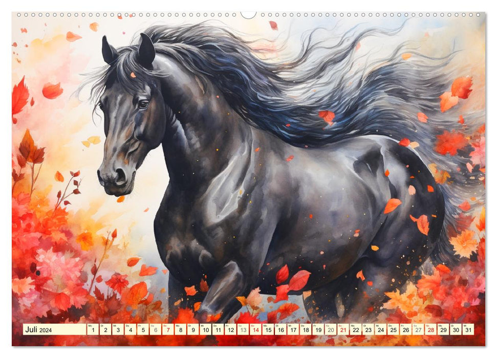 Pferde. Romantische Aquarelle von schwarzen Schönheiten (CALVENDO Premium Wandkalender 2024)