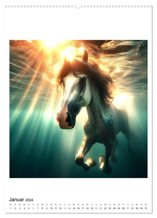 Pferde unter Wasser - Saddle up, die Tauchfahrt beginnt (CALVENDO Wandkalender 2024)