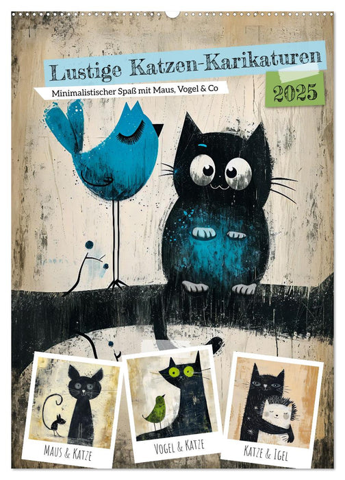 Lustige Katzen-Karikaturen - Minimalistischer Spaß mit Maus, Vogel und Co (CALVENDO Wandkalender 2025)