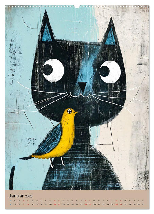 Caricatures drôles de chats - plaisir minimaliste avec souris, oiseau et compagnie (calendrier mural CALVENDO 2025) 