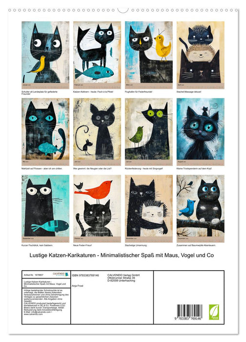Lustige Katzen-Karikaturen - Minimalistischer Spaß mit Maus, Vogel und Co (CALVENDO Premium Wandkalender 2025)