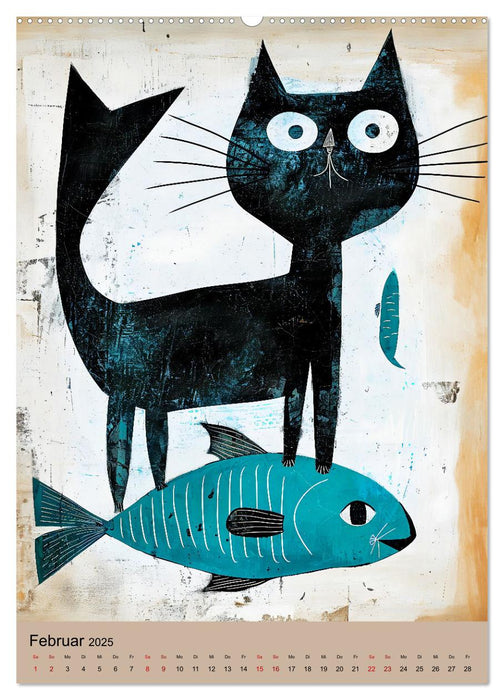 Caricatures drôles de chats - amusement minimaliste avec la souris, l'oiseau et autres (Calendrier mural CALVENDO Premium 2025) 