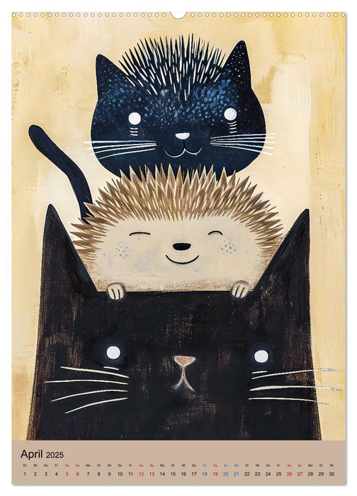 Caricatures drôles de chats - amusement minimaliste avec la souris, l'oiseau et autres (Calendrier mural CALVENDO Premium 2025) 