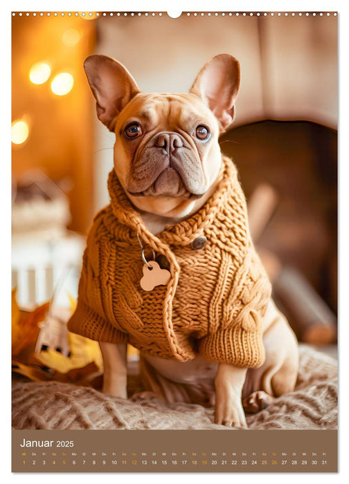 Frenchie Couture - Französische Bulldoggen in Strick-Chic (CALVENDO Wandkalender 2025)