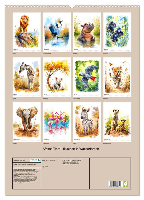 Afrikas Tiere - Illustriert in Wasserfarben (CALVENDO Wandkalender 2025)