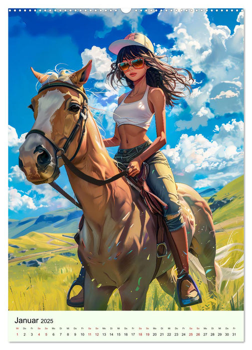 Pferdeglück - Anime-Mädchen erkunden die Natur (CALVENDO Wandkalender 2025)