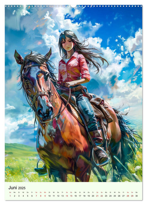 Pferdeglück - Anime-Mädchen erkunden die Natur (CALVENDO Wandkalender 2025)