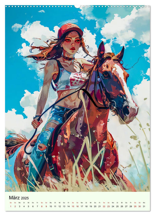 Pferdeglück - Anime-Mädchen erkunden die Natur (CALVENDO Premium Wandkalender 2025)