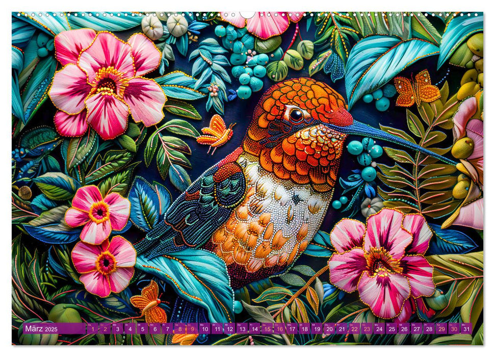 Perlenstickerei - Stickkunst tropischer Tiere mit Garn und Perlen (CALVENDO Premium Wandkalender 2025)