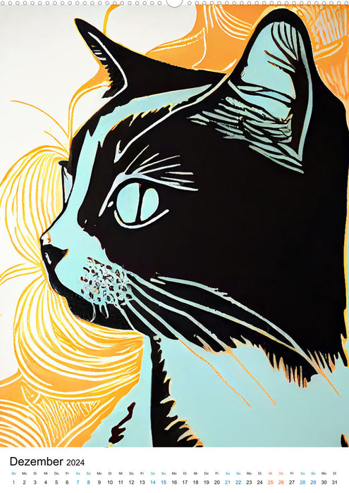 Cat linocut - The calendar with artistic portraits of the velvet paws (CALVENDO wall calendar 2024) 