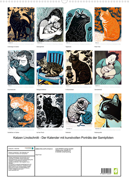 Katzen Linolschnitt - Der Kalender mit kunstvollen Porträts der Samtpfoten (CALVENDO Wandkalender 2024)
