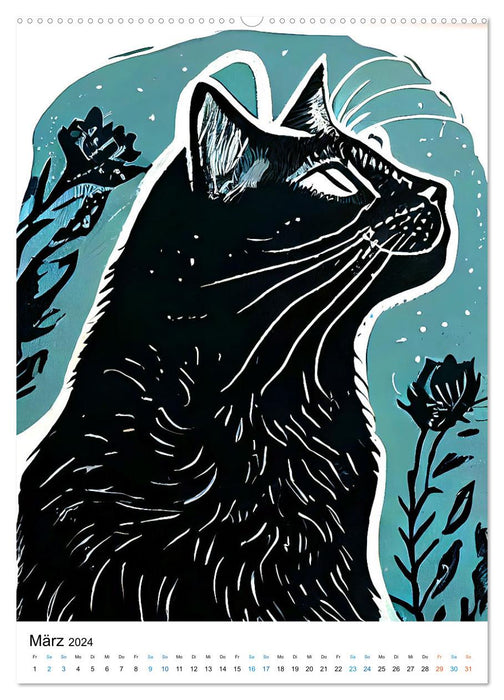 Cat linocut - The calendar with artistic portraits of the velvet paws (CALVENDO wall calendar 2024) 