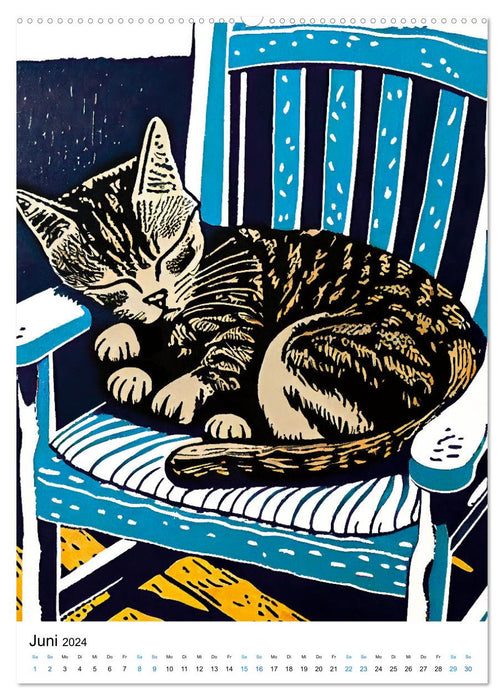 Cat linocut - The calendar with artistic portraits of the velvet paws (CALVENDO wall calendar 2024) 