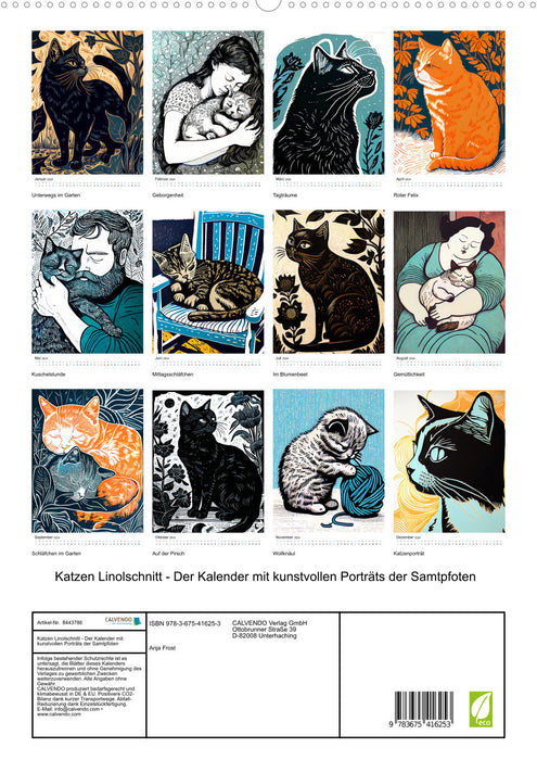 Linogravure Chat - Le calendrier avec des portraits artistiques des pattes de velours (CALVENDO Premium Wall Calendar 2024) 