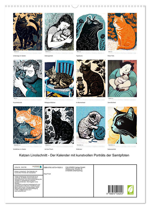 Cat linocut - The calendar with artistic portraits of the velvet paws (CALVENDO Premium Wall Calendar 2024) 