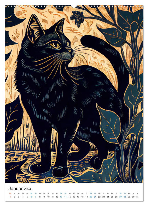 Cat linocut - The calendar with artistic portraits of the velvet paws (CALVENDO Premium Wall Calendar 2024) 