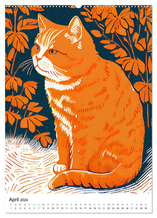 Katzen Linolschnitt - Der Kalender mit kunstvollen Porträts der Samtpfoten (CALVENDO Premium Wandkalender 2024)
