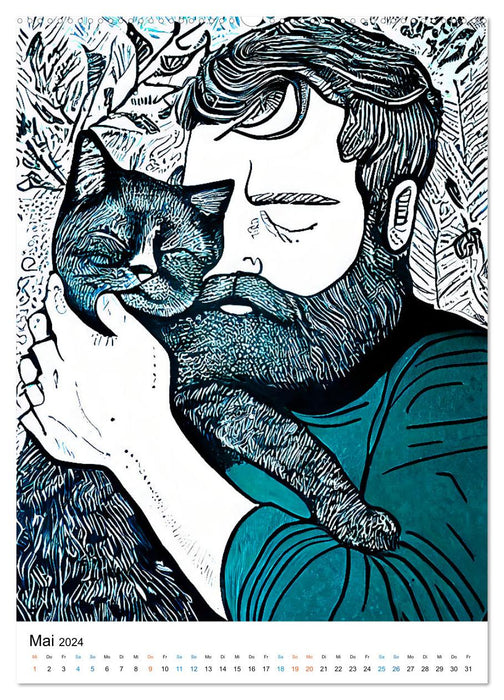 Katzen Linolschnitt - Der Kalender mit kunstvollen Porträts der Samtpfoten (CALVENDO Premium Wandkalender 2024)