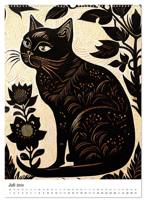 Cat linocut - The calendar with artistic portraits of the velvet paws (CALVENDO Premium Wall Calendar 2024) 