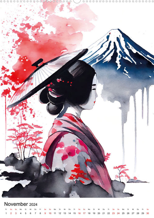 Geisha Watercolors - Japanese Cultural Ladies, Landscape and Sakura (CALVENDO Wall Calendar 2024) 