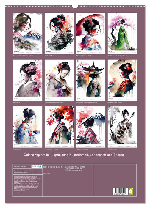 Geisha Aquarelle - Japanische Kulturdamen, Landschaft und Sakura (CALVENDO Wandkalender 2024)