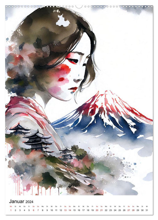 Geisha Aquarelle - Japanische Kulturdamen, Landschaft und Sakura (CALVENDO Wandkalender 2024)