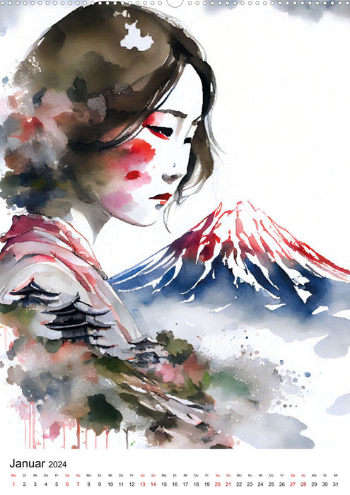 Geisha Aquarelle - Japanische Kulturdamen, Landschaft und Sakura (CALVENDO Premium Wandkalender 2024)