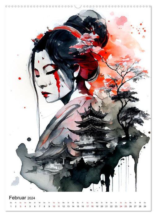 Geisha Aquarelle - Japanische Kulturdamen, Landschaft und Sakura (CALVENDO Premium Wandkalender 2024)