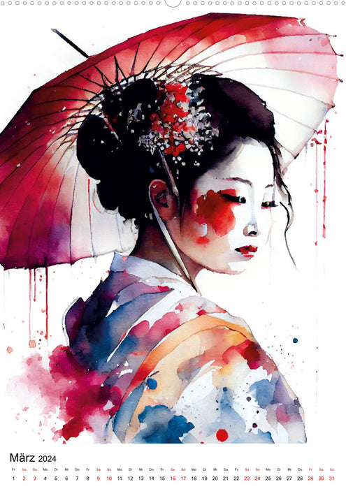 Geisha Watercolors - Japanese Cultural Ladies, Landscape and Sakura (CALVENDO Premium Wall Calendar 2024) 