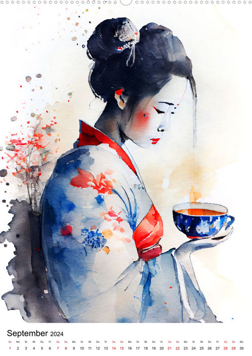 Geisha Watercolors - Japanese Cultural Ladies, Landscape and Sakura (CALVENDO Premium Wall Calendar 2024) 