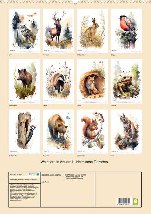 Waldtiere in Aquarell - Heimische Tierarten (CALVENDO Wandkalender 2024)
