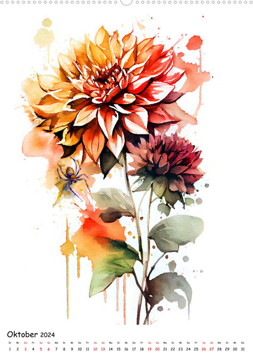 Aquarellmalerei - Blumen und Tiere im Garten (CALVENDO Wandkalender 2024)