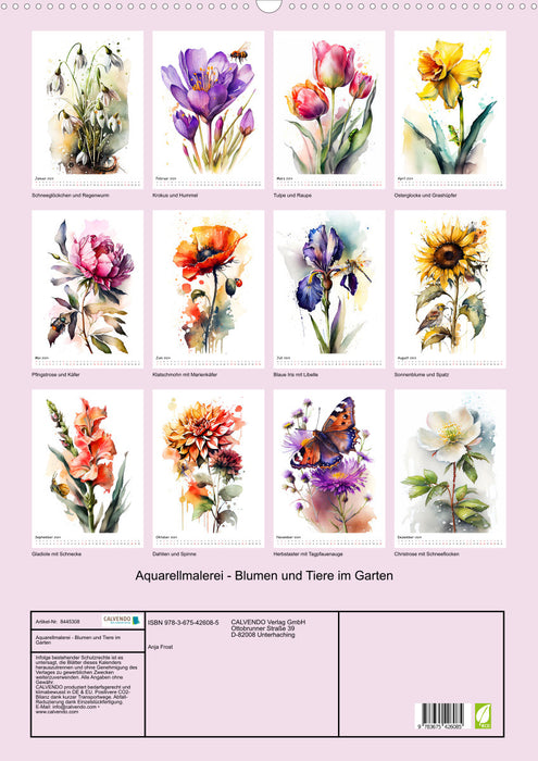 Aquarellmalerei - Blumen und Tiere im Garten (CALVENDO Wandkalender 2024)