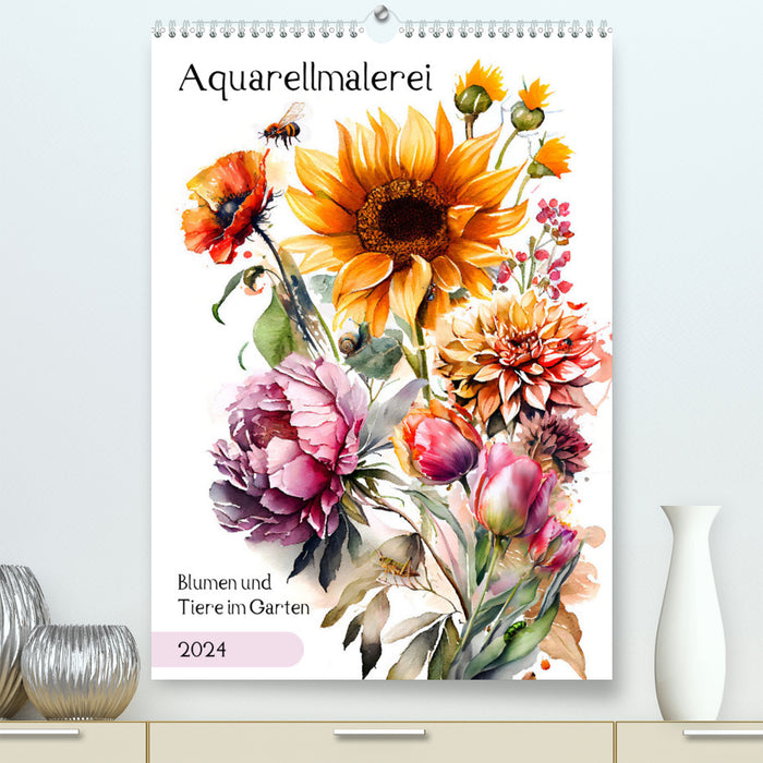 Watercolor painting - flowers and animals in the garden (CALVENDO Premium Wall Calendar 2024) 