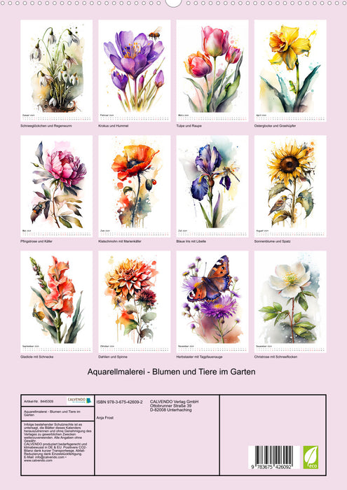 Watercolor painting - flowers and animals in the garden (CALVENDO Premium Wall Calendar 2024) 