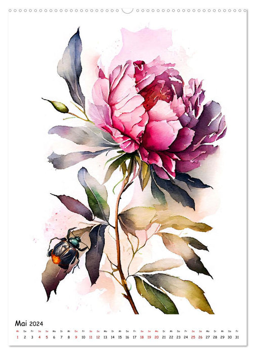 Aquarellmalerei - Blumen und Tiere im Garten (CALVENDO Premium Wandkalender 2024)