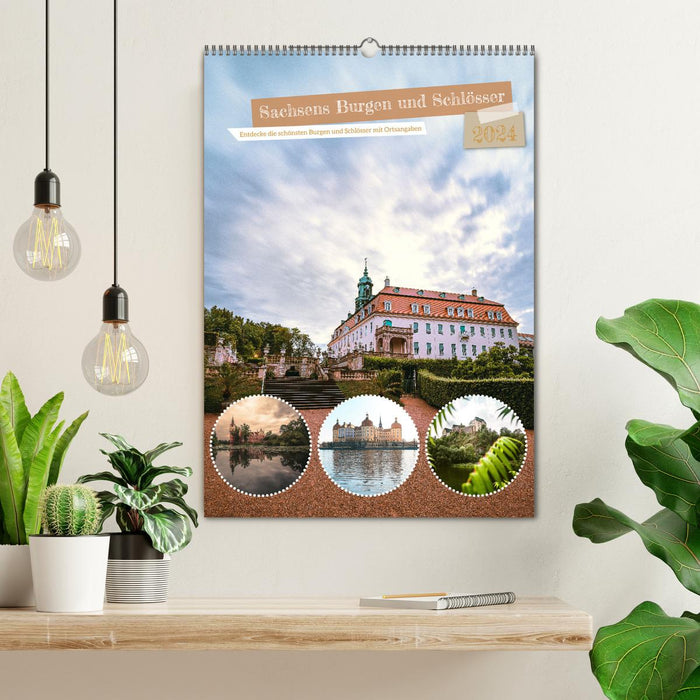 Sachsens Burgen und Schlösser mit Ortsangaben (CALVENDO Wandkalender 2024)