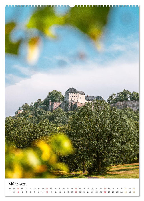 Sachsens Burgen und Schlösser mit Ortsangaben (CALVENDO Premium Wandkalender 2024)
