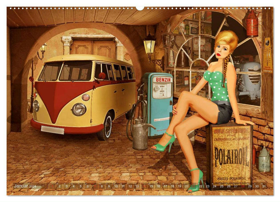 Pin-Up Girls and Vintage Cars by Mausopardia (CALVENDO Wall Calendar 2024) 
