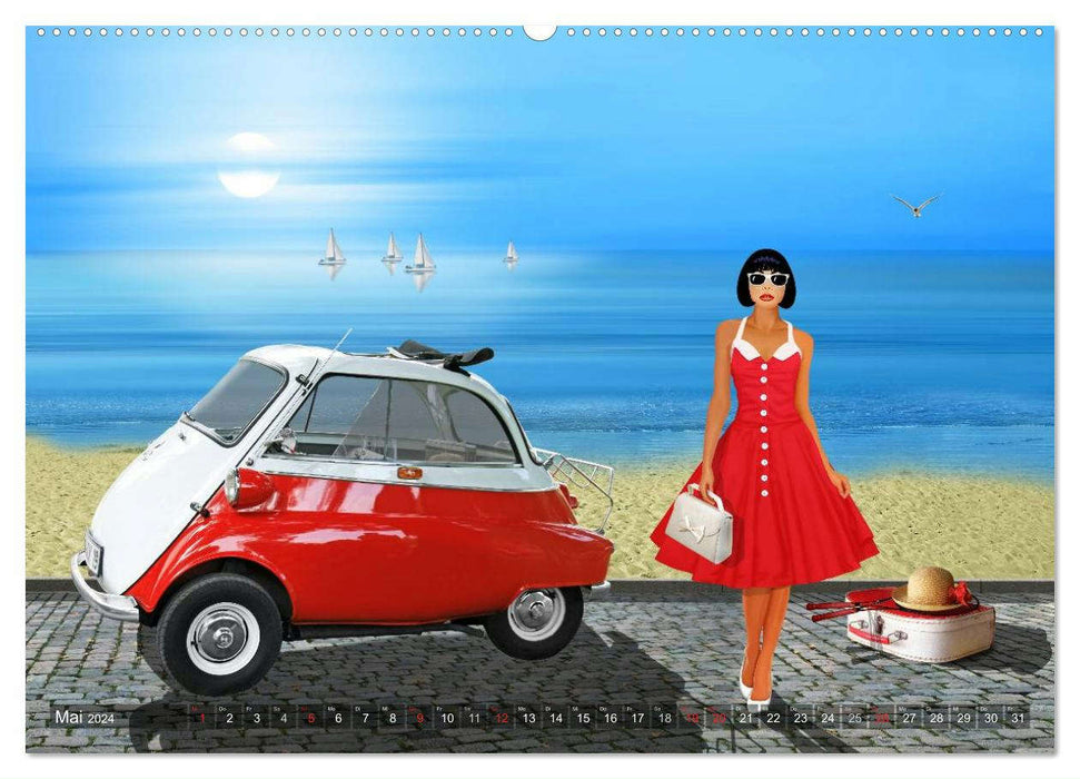 Pin-Up Girls and Vintage Cars by Mausopardia (CALVENDO Wall Calendar 2024) 