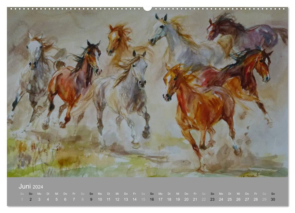 Mit Pferden durch die Jahreszeiten - Pferdebilder in Öl und Aquarell (CALVENDO Premium Wandkalender 2024)