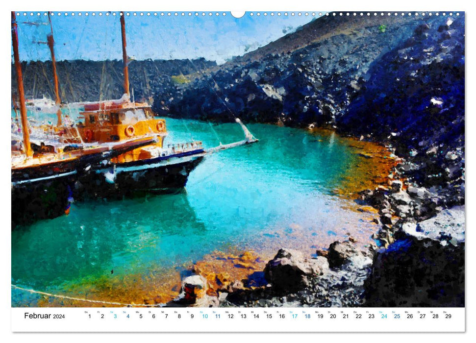 Urlaub auf Santorin - Gemalte Ansichten der Kykladeninsel (CALVENDO Premium Wandkalender 2024)