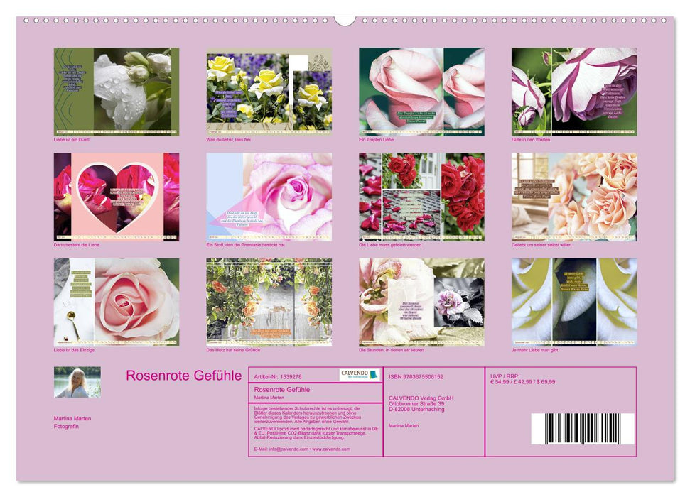 Rosenrote Gefühle, Rosen schmücken Worte der Liebe (CALVENDO Wandkalender 2024)