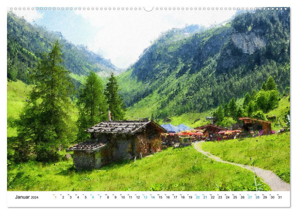 Alpine Bergwelt Tirol - Illustriert in den schönsten Farben (CALVENDO Wandkalender 2024)